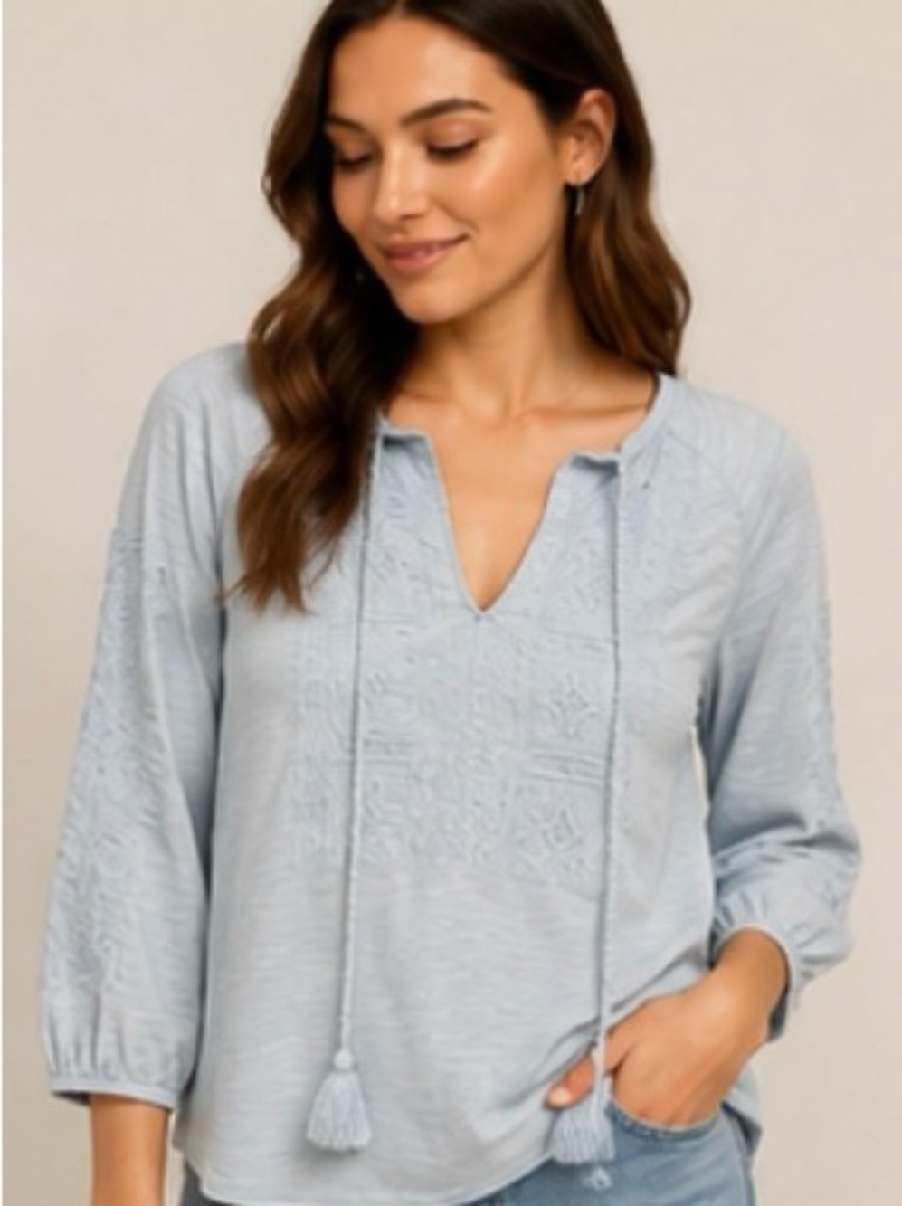 Lucky Brand Light Blue Embroidered V-Neck Tunic with Tassel Ties